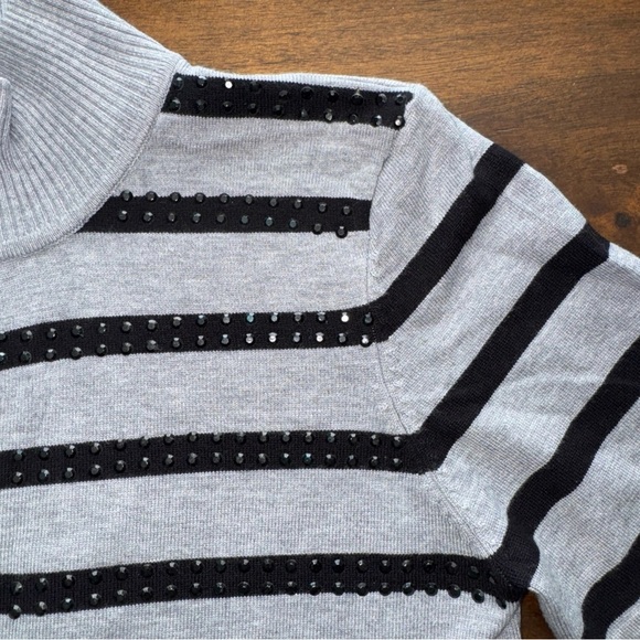 Belldini Black and Gray Stripe Zip Up Mock Neck Knit Sweater Petite Small PS - Picture 5 of 12